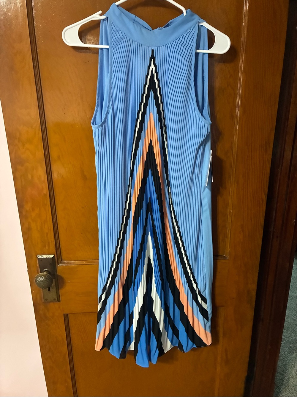 🎉 4/$25 NWT $69 Light Blue Pleated Chevron Midi Dress with Multicolor Stripes